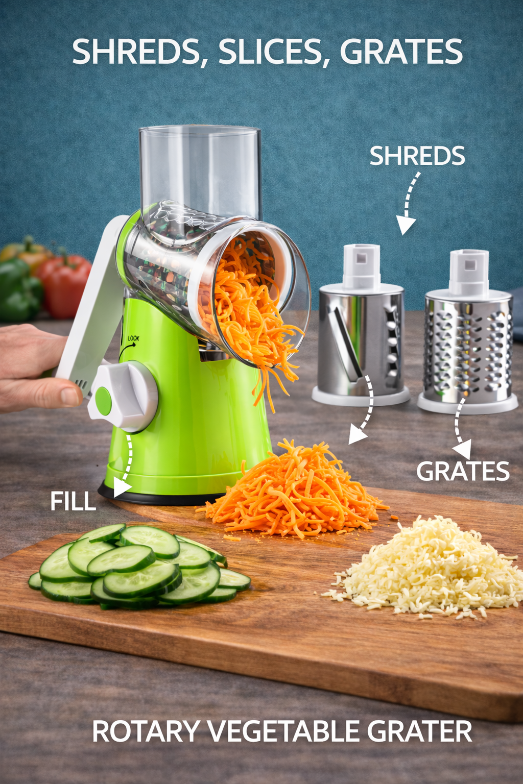 Vegetable Cutter & Slicer Manual Kitchen Cheese Chopper Machine With 3 Sharp Drums